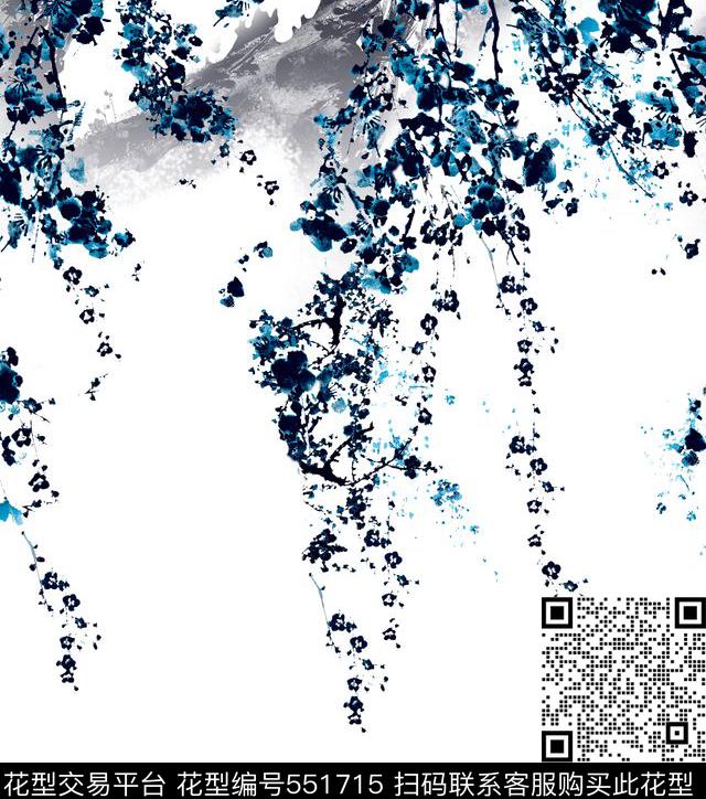 中国风青花瓷山水画数码印花华亿平台下载（图片编号: 551715） - 瓦栏（Walan）