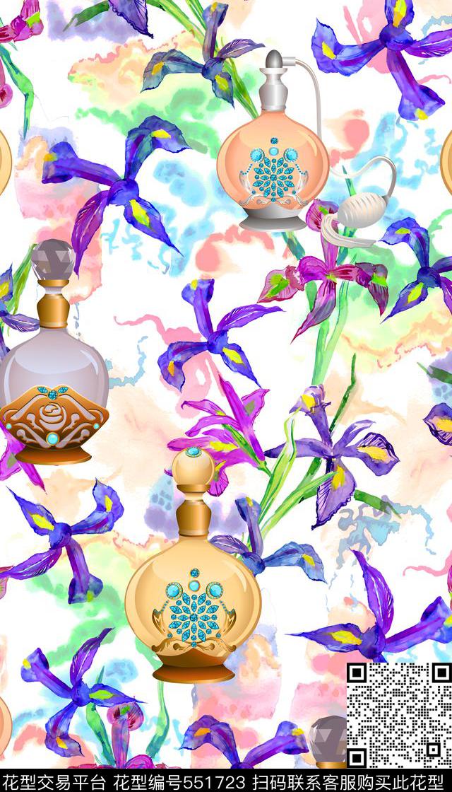时尚清新香水瓶兰花数码印花华亿平台下载（图片编号: 551723） - 瓦栏（Walan）