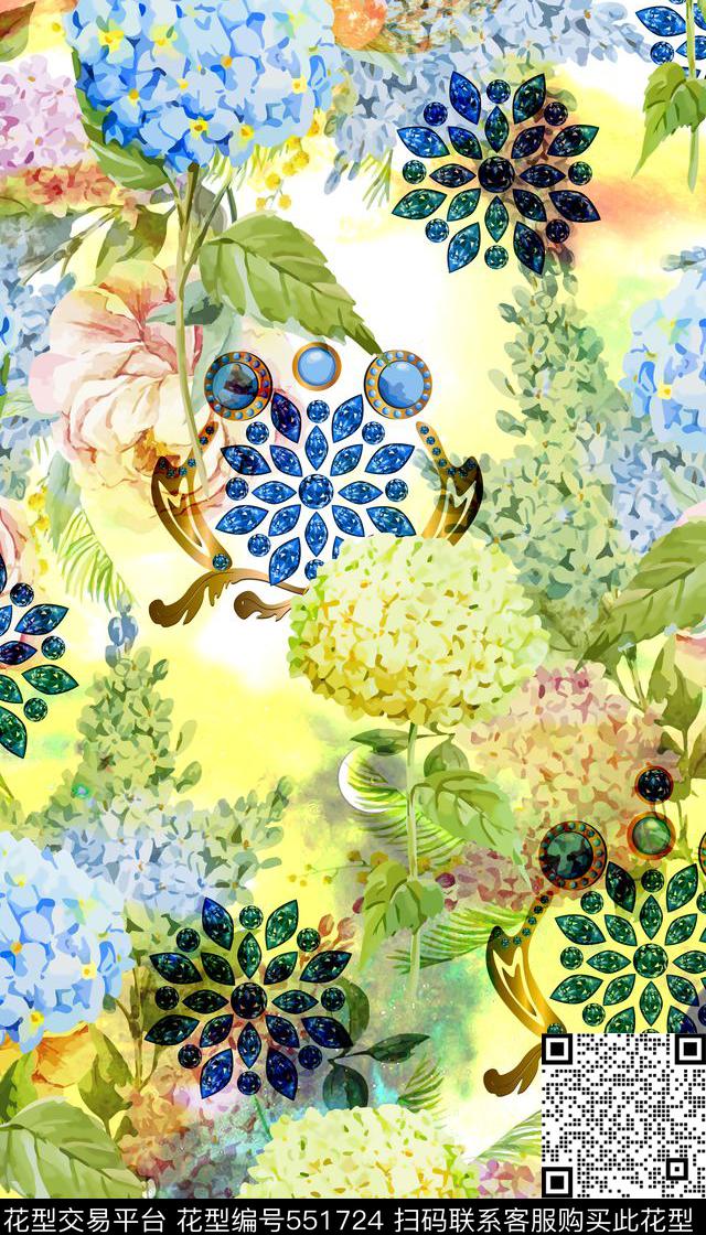 清新抽象水彩底珠宝数码印花华亿平台下载（图片编号: 551724） - 瓦栏（Walan）