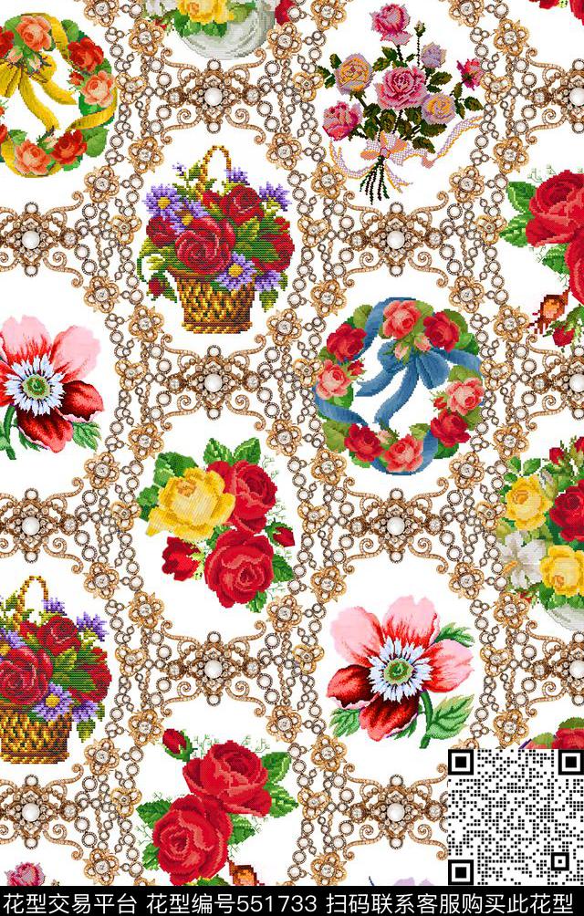 复古珠宝花卉数码印花华亿平台下载（图片编号: 551733） - 瓦栏（Walan）