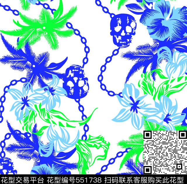 骷髅花朵叶子传统印花华亿平台下载（图片编号: 551738） - 瓦栏（Walan）