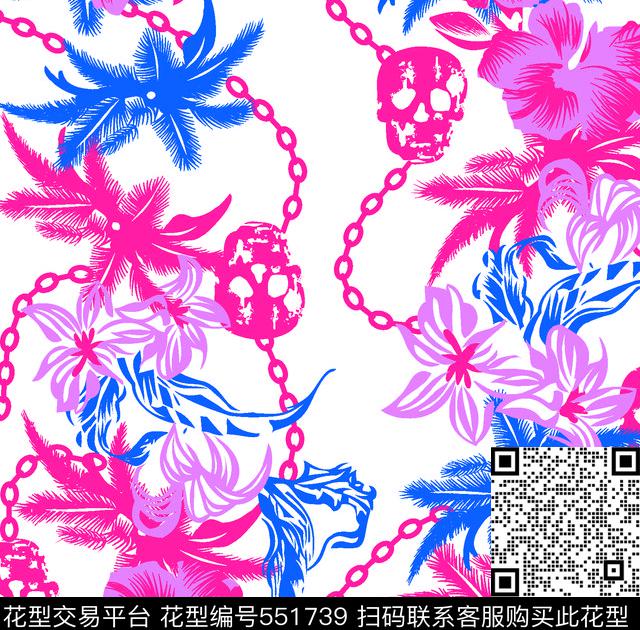 骷髅花朵叶子传统印花华亿平台下载（图片编号: 551739） - 瓦栏（Walan）