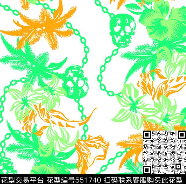 骷髅花朵叶子传统印花华亿平台下载（图片编号: 551740） - 瓦栏（Walan）