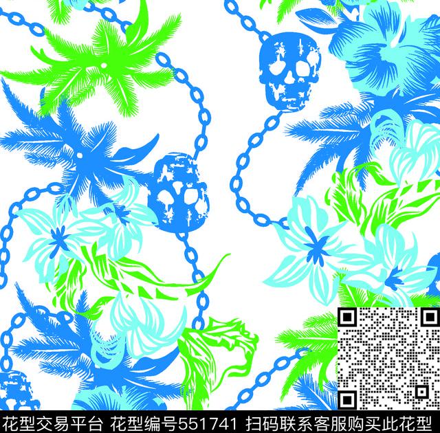 骷髅花朵叶子传统印花华亿平台下载（图片编号: 551741） - 瓦栏（Walan）