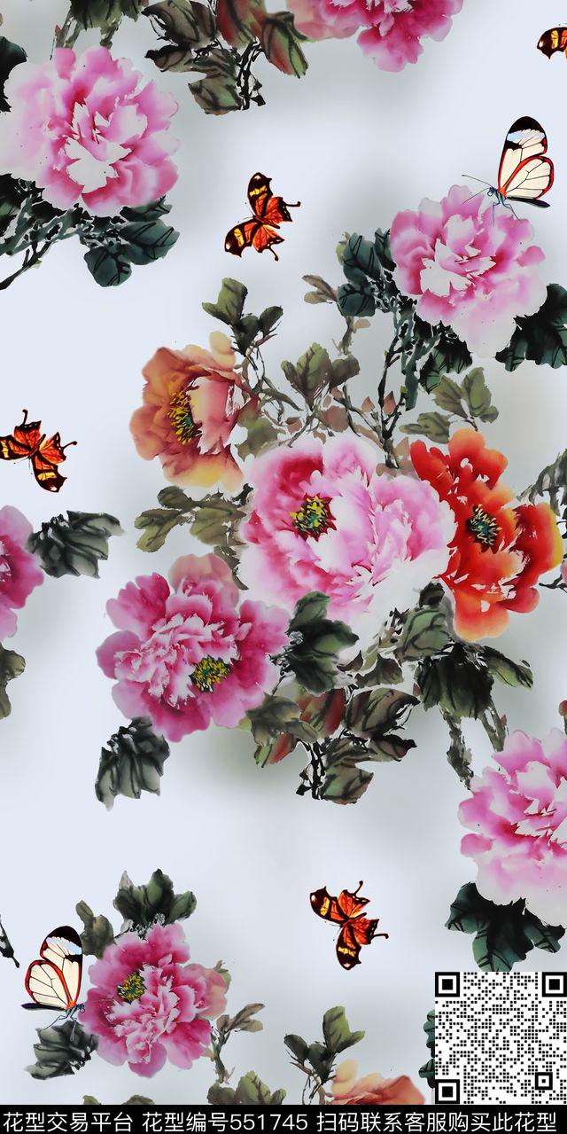 国画牡丹花蝴蝶女装裙子旗袍丝绸棉布人造棉数码印花华亿平台下载（图片编号: 551745） - 瓦栏（Walan）