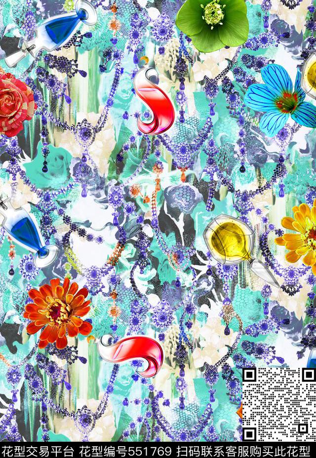复古花卉香水瓶子数码印花华亿平台下载（图片编号: 551769） - 瓦栏（Walan）