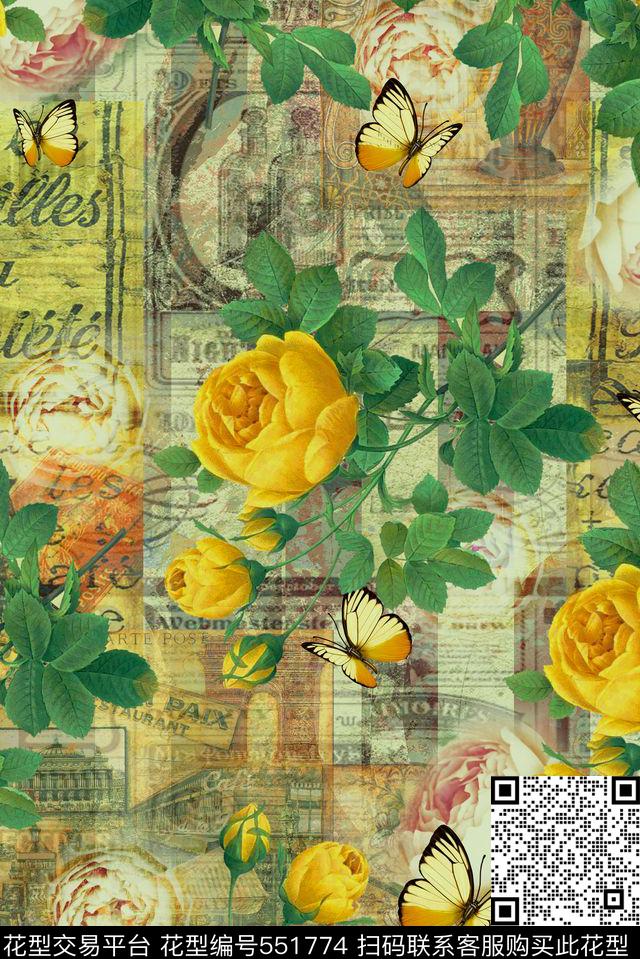 欧美复古复古报纸肌理花卉复古海报大牌女装墙纸华亿平台数码印花华亿平台下载（图片编号: 551774） - 瓦栏（Walan）