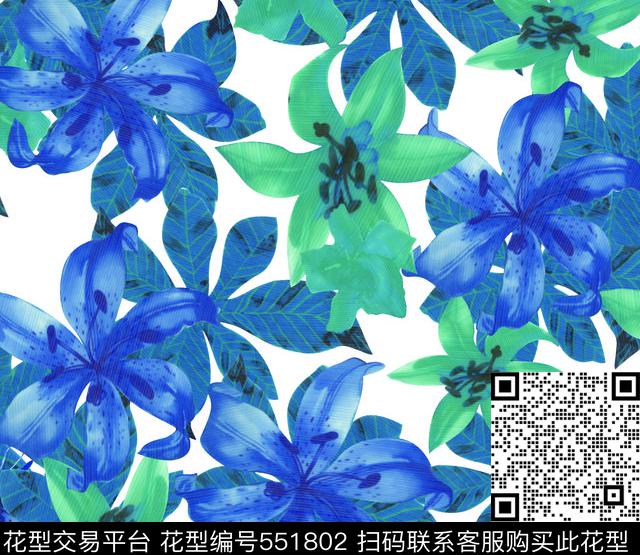 抽象蓝百合抽象花卉百合花数码印花华亿平台下载（图片编号: 551802） - 瓦栏（Walan）