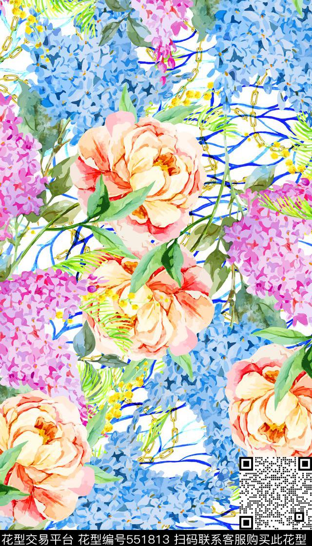 绣球花时尚清新波浪纹数码印花华亿平台下载（图片编号: 551813） - 瓦栏（Walan）