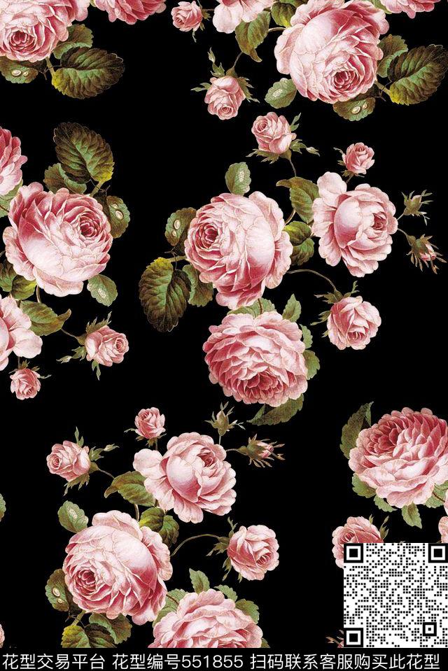 流行时尚玫瑰花大花卉时尚大牌欧美风格数码印花华亿平台下载（图片编号: 551855） - 瓦栏（Walan）