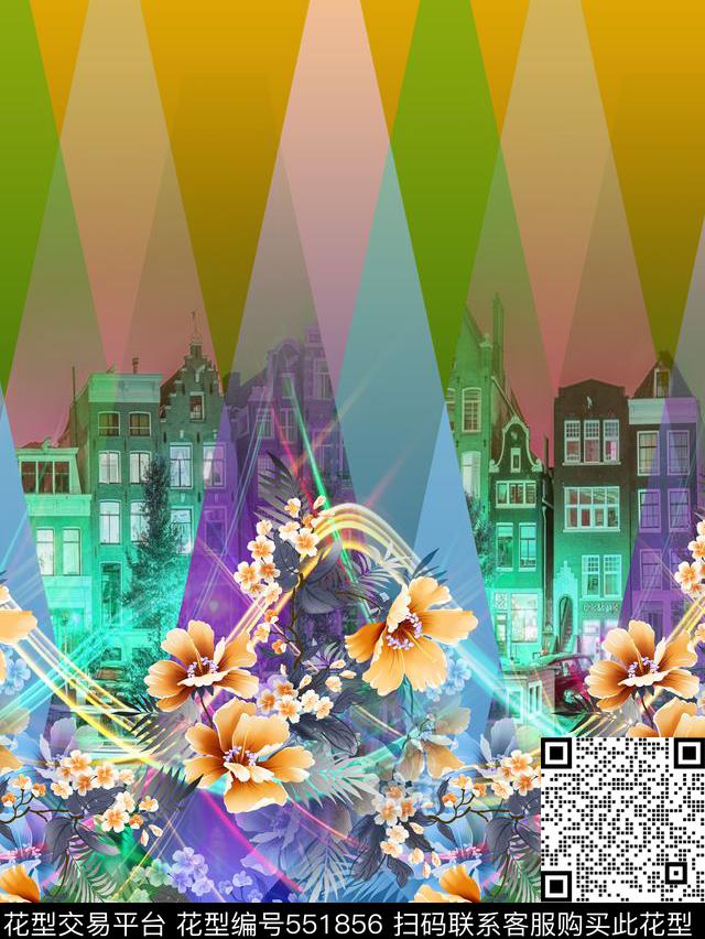 几何花卉城市数码印花华亿平台下载（图片编号: 551856） - 瓦栏（Walan）