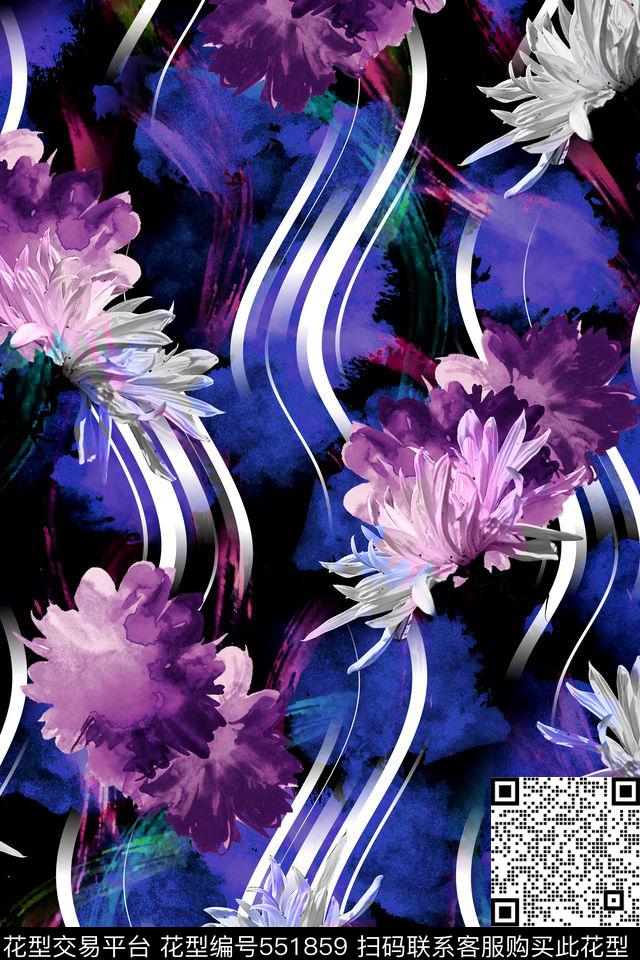 花卉线条水墨数码印花华亿平台下载（图片编号: 551859） - 瓦栏（Walan）