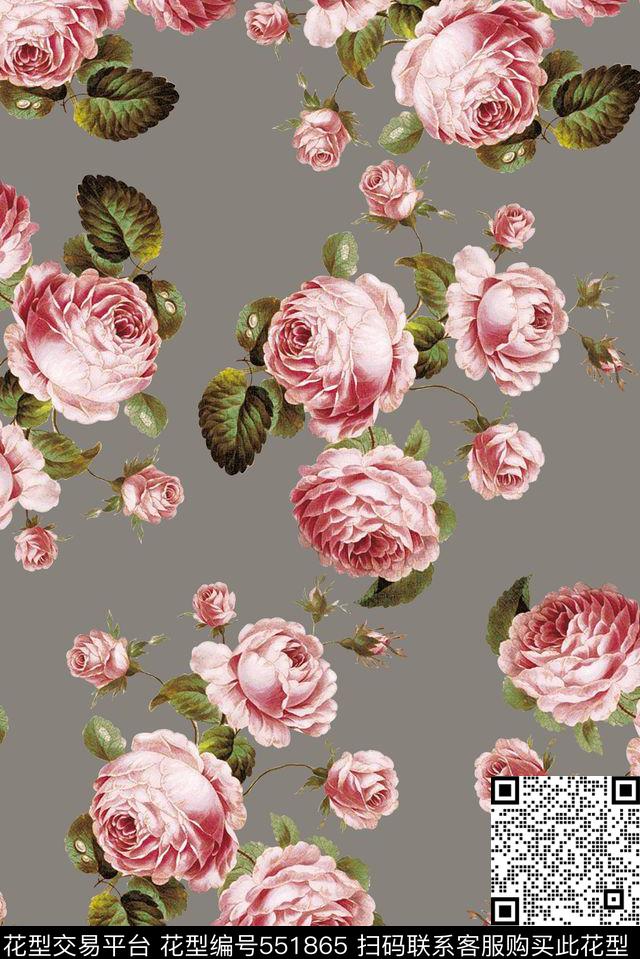 流行时尚玫瑰花大花卉时尚大牌欧美风格数码印花华亿平台下载（图片编号: 551865） - 瓦栏（Walan）