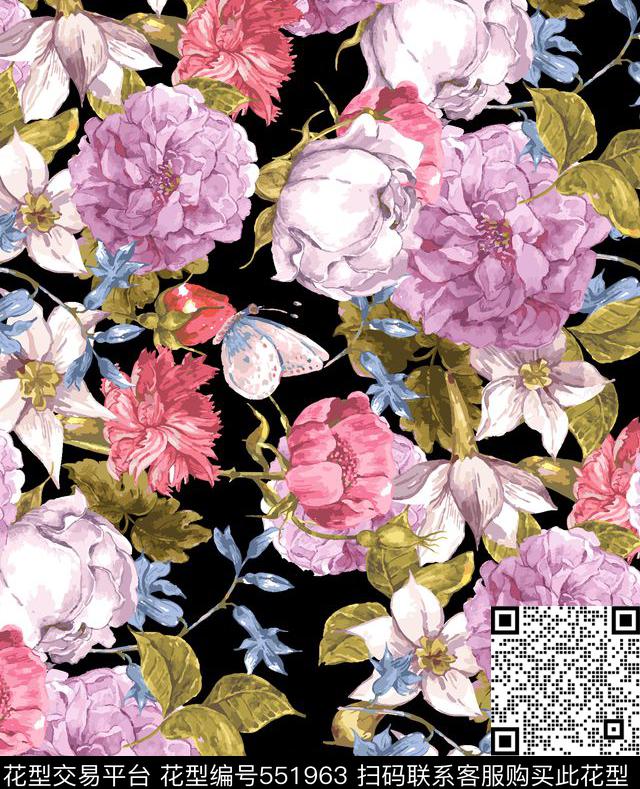 时尚流行优雅花卉花团锦簇数码印花华亿平台下载（图片编号: 551963） - 瓦栏（Walan）