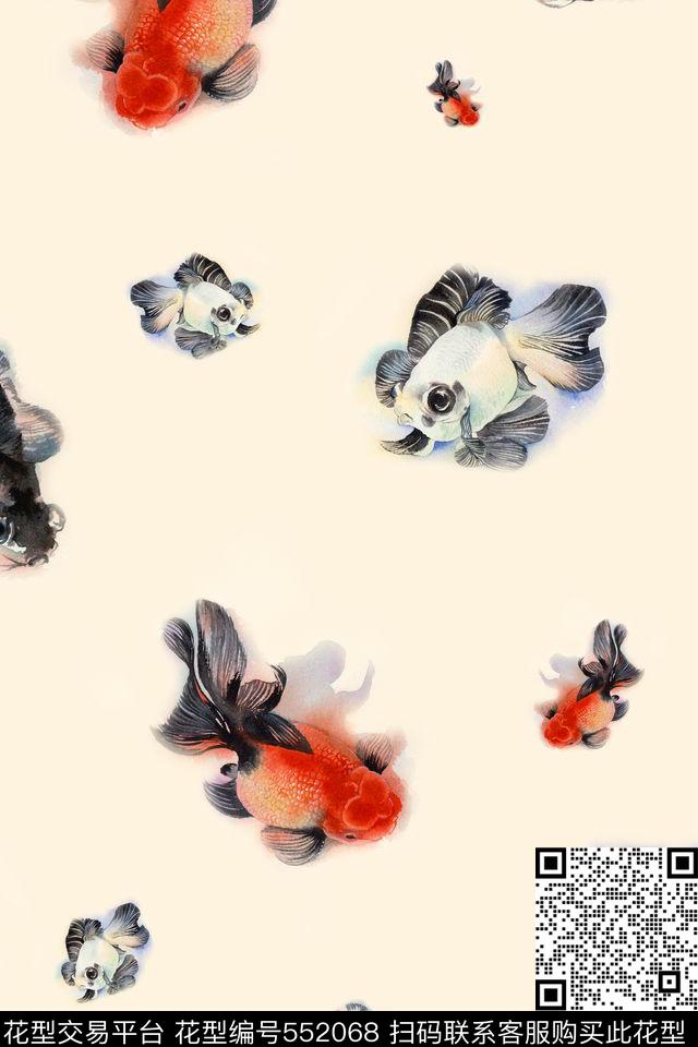 时尚手绘金鱼数码印花华亿平台下载（图片编号: 552068） - 瓦栏（Walan）