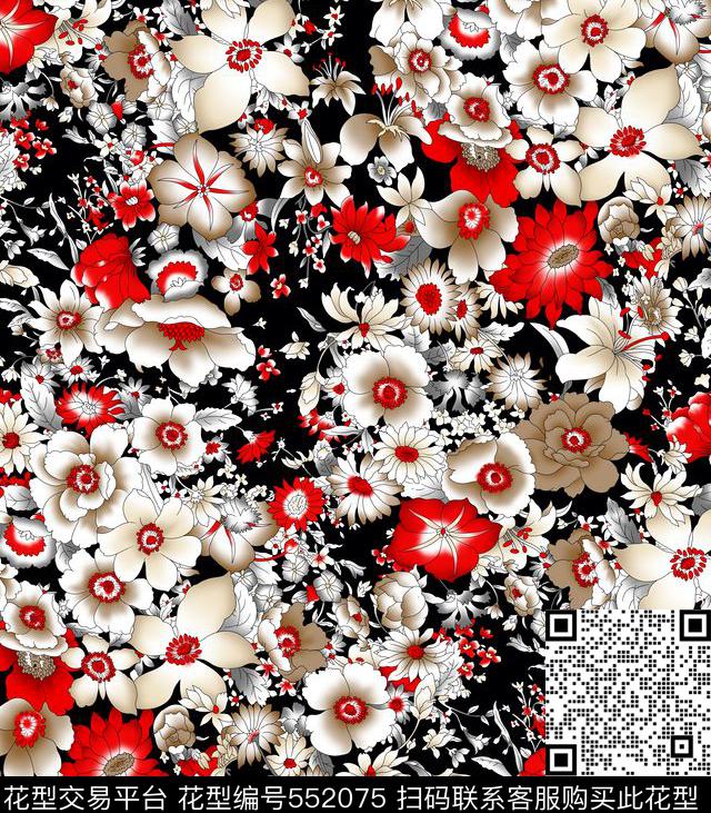 叶子花朵块面传统印花华亿平台下载（图片编号: 552075） - 瓦栏（Walan）