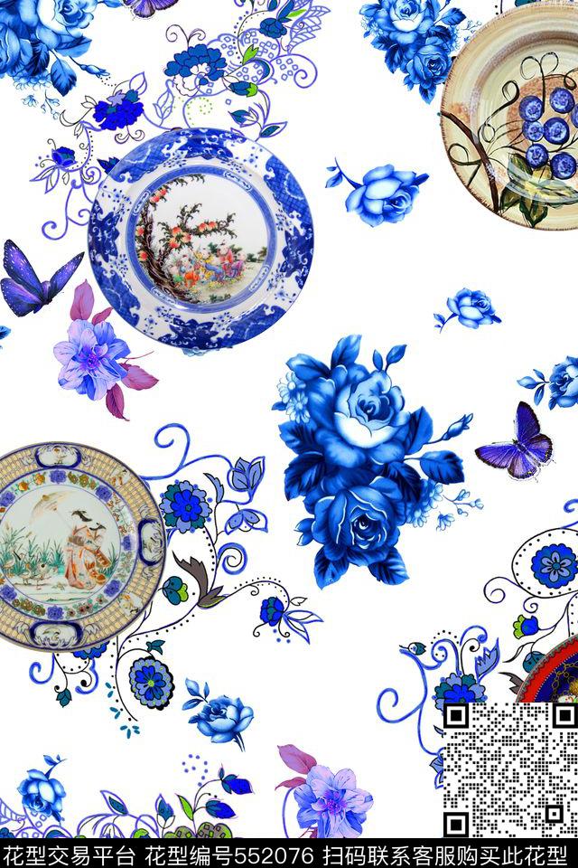 中国风蝴蝶盘子数码印花华亿平台下载（图片编号: 552076） - 瓦栏（Walan）