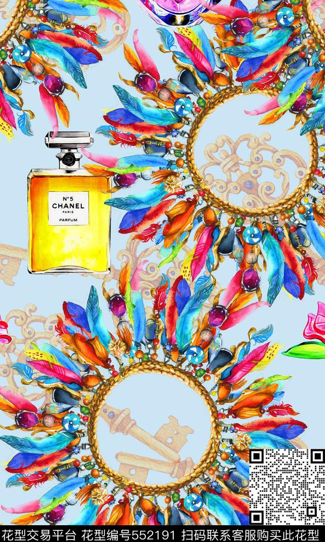 水彩画香水瓶羽毛数码印花华亿平台下载（图片编号: 552191） - 瓦栏（Walan）
