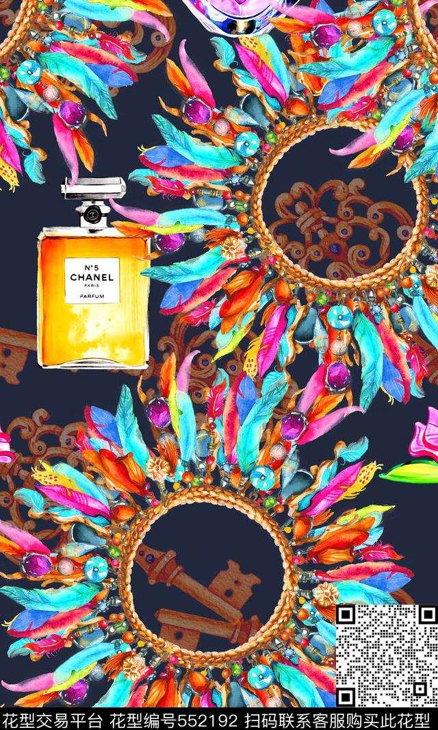 水彩画香水瓶羽毛数码印花华亿平台下载（图片编号: 552192） - 瓦栏（Walan）