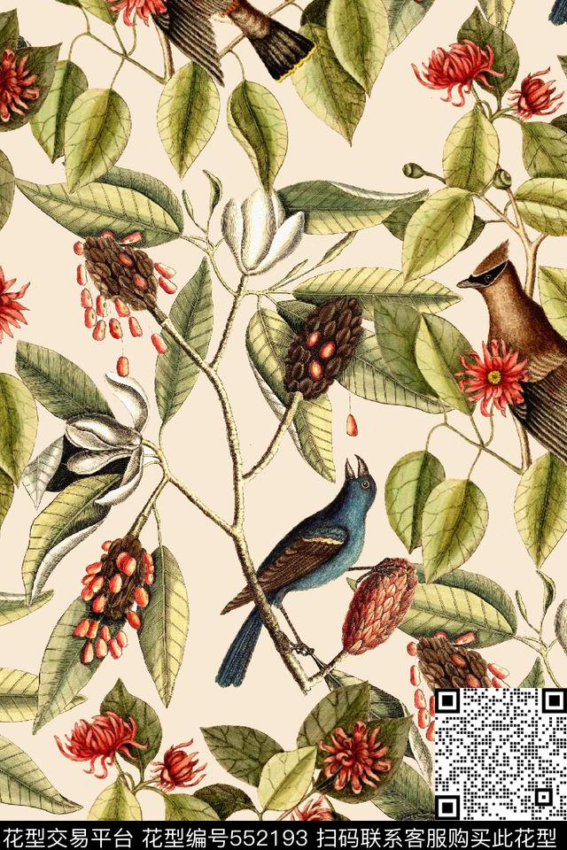 时尚花卉小鸟数码印花华亿平台下载（图片编号: 552193） - 瓦栏（Walan）