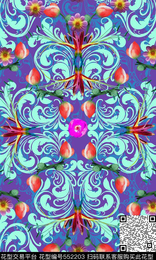 民族装饰风花卉图案树叶藤蔓数码印花华亿平台下载（图片编号: 552203） - 瓦栏（Walan）