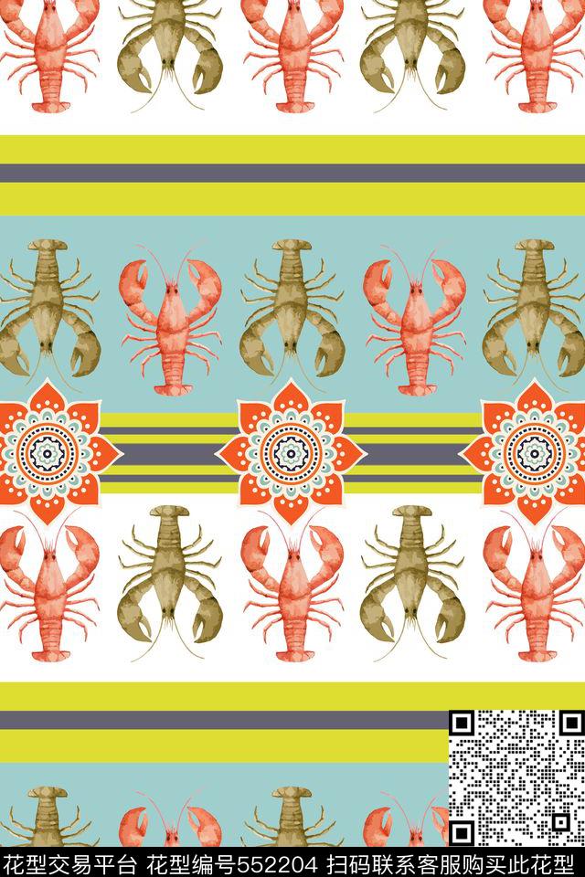趣味海洋元素龙虾传统印花华亿平台下载（图片编号: 552204） - 瓦栏（Walan）
