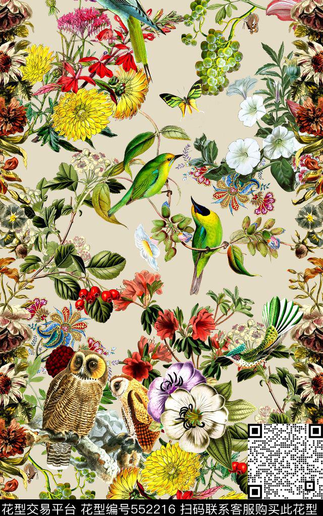 时尚花卉小鸟数码印花华亿平台下载（图片编号: 552216） - 瓦栏（Walan）