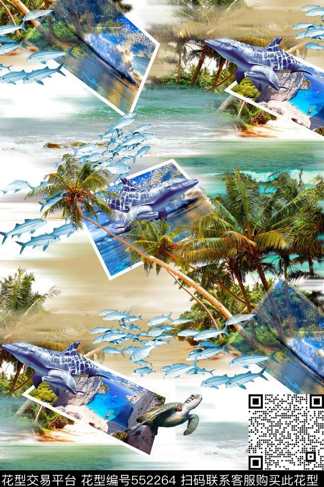 风景照片海豚椰子树数码印花华亿平台下载（图片编号: 552264） - 瓦栏（Walan）