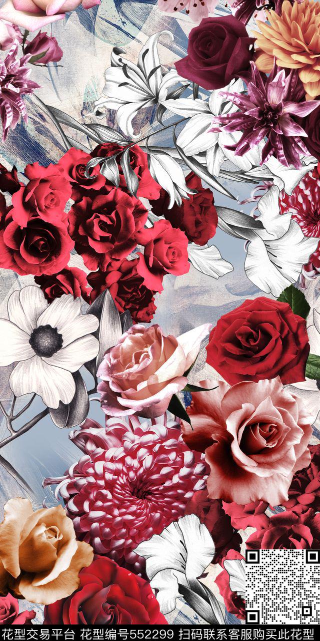 数码时尚玫瑰数码印花华亿平台下载（图片编号: 552299） - 瓦栏（Walan）