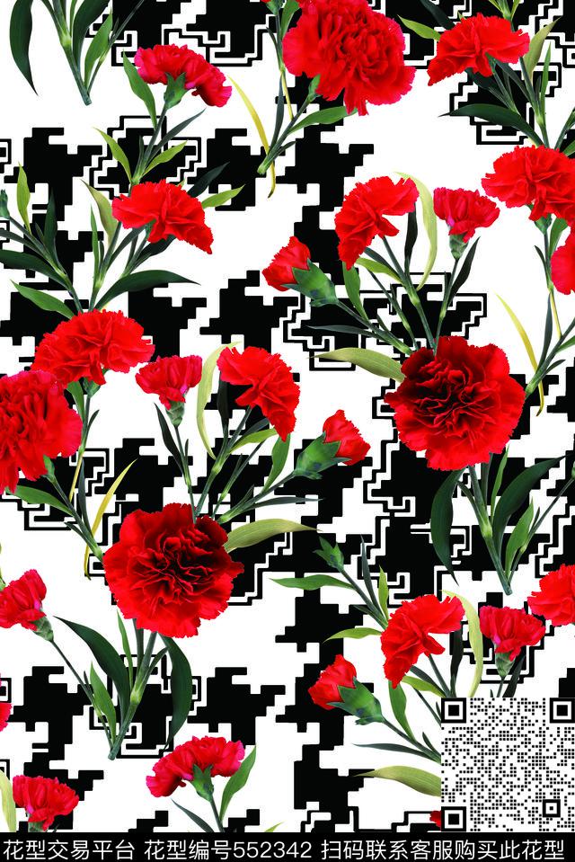 复古黑色格底玫瑰黑色格底玫瑰花卉流行时尚花卉数码印花华亿平台下载（图片编号: 552342） - 瓦栏（Walan）