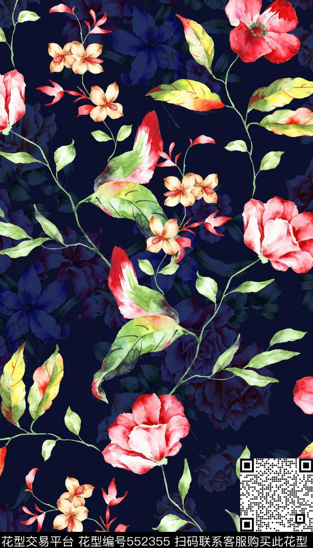 花朵时尚清新数码印花华亿平台下载（图片编号: 552355） - 瓦栏（Walan）