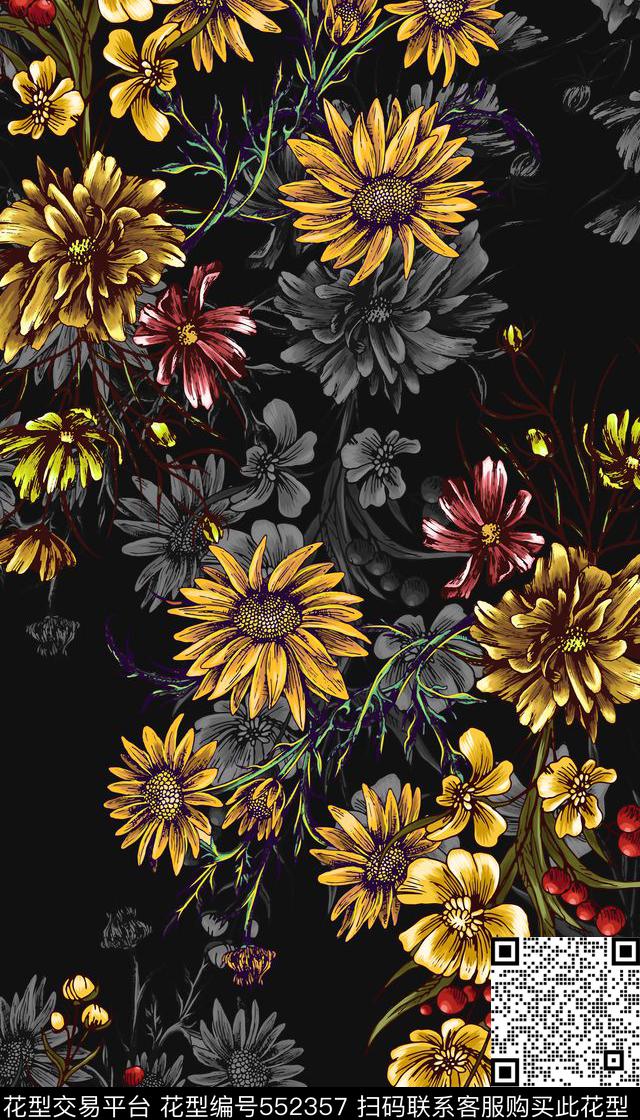 花朵花卉向日葵数码印花华亿平台下载（图片编号: 552357） - 瓦栏（Walan）