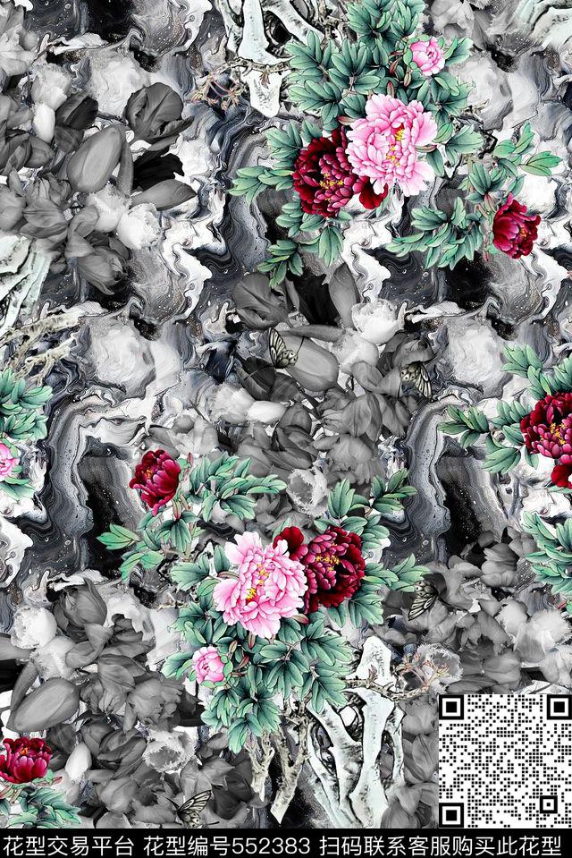 流行时尚中国风水墨画卉肌理纹复古数码印花华亿平台下载（图片编号: 552383） - 瓦栏（Walan）
