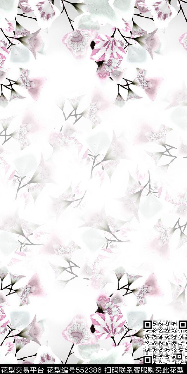 数码印花花卉定位水墨花卉数码印花华亿平台下载（图片编号: 552386） - 瓦栏（Walan）