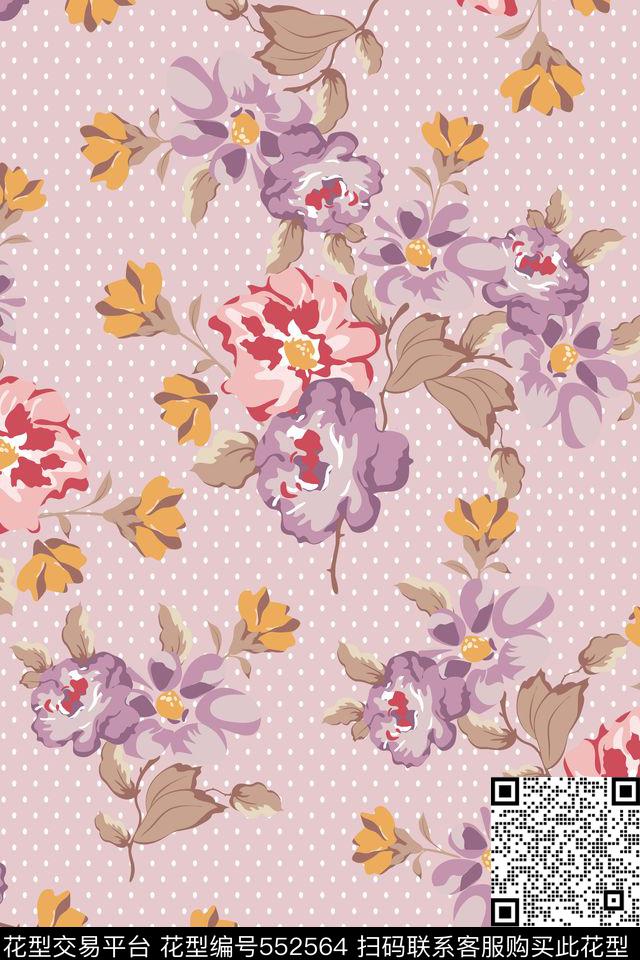 流行时尚波点花卉传统印花华亿平台下载（图片编号: 552564） - 瓦栏（Walan）