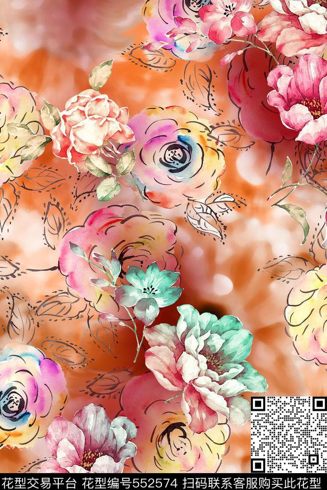 大气抽象手绘花朵炫彩动感数码印花华亿平台下载（图片编号: 552574） - 瓦栏（Walan）