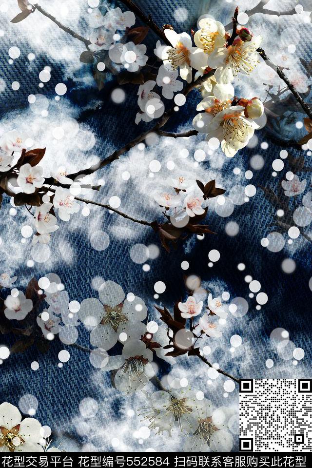 雪中梅花牛仔背景数码印花华亿平台下载（图片编号: 552584） - 瓦栏（Walan）