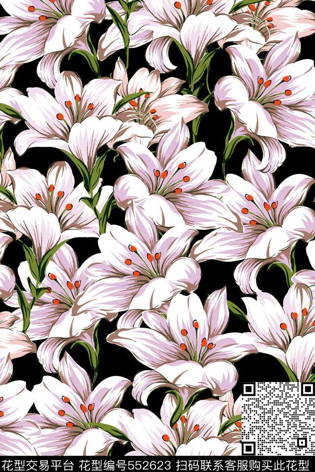 百合花朵散花传统印花华亿平台下载（图片编号: 552623） - 瓦栏（Walan）