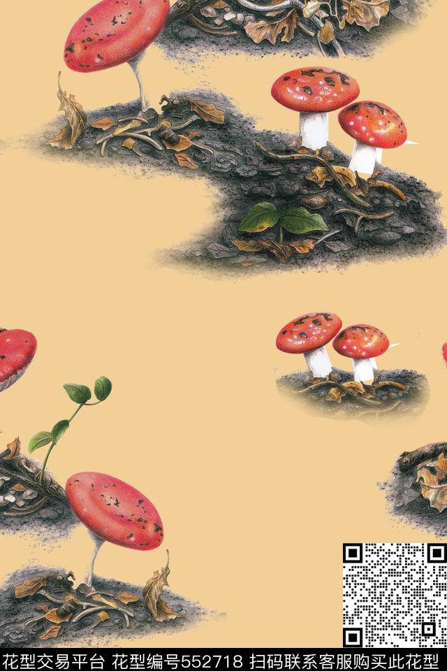 植物手绘蘑菇数码印花华亿平台下载（图片编号: 552718） - 瓦栏（Walan）