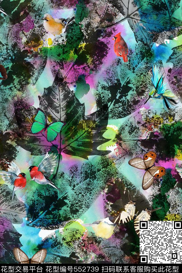 休闲休闲抽象肌理蝴蝶小鸟手绘数码印花华亿平台下载（图片编号: 552739） - 瓦栏（Walan）