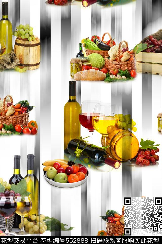 条纹红酒水果数码印花华亿平台下载（图片编号: 552888） - 瓦栏（Walan）