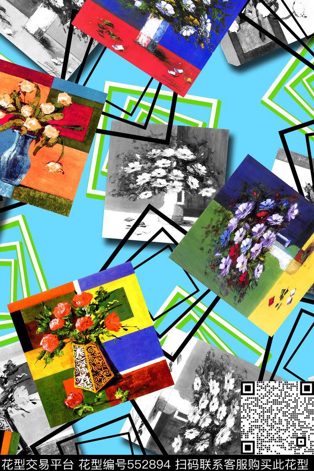 花卉几何油画数码印花华亿平台下载（图片编号: 552894） - 瓦栏（Walan）