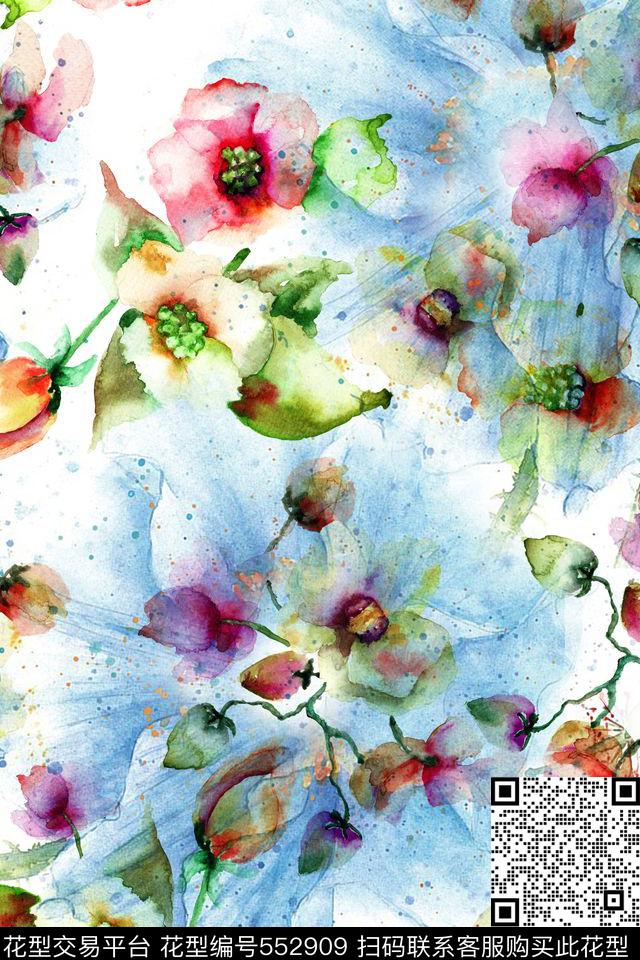 花卉朦胧水彩数码印花华亿平台下载（图片编号: 552909） - 瓦栏（Walan）