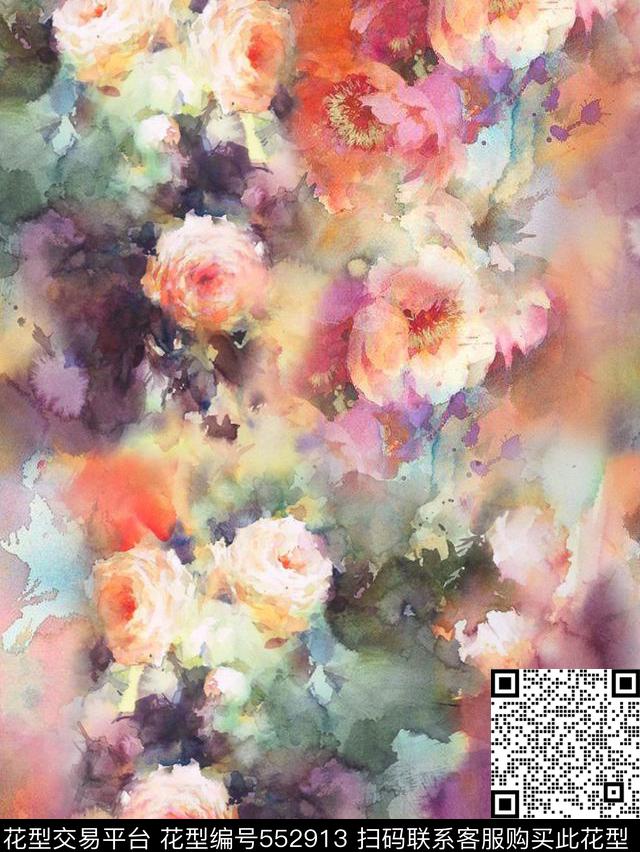 水彩朦胧花卉数码印花华亿平台下载（图片编号: 552913） - 瓦栏（Walan）