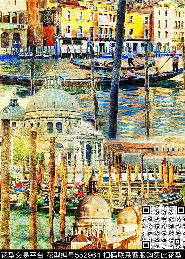 潮流帆船城堡建筑手绘数码印花华亿平台下载（图片编号: 552964） - 瓦栏（Walan）