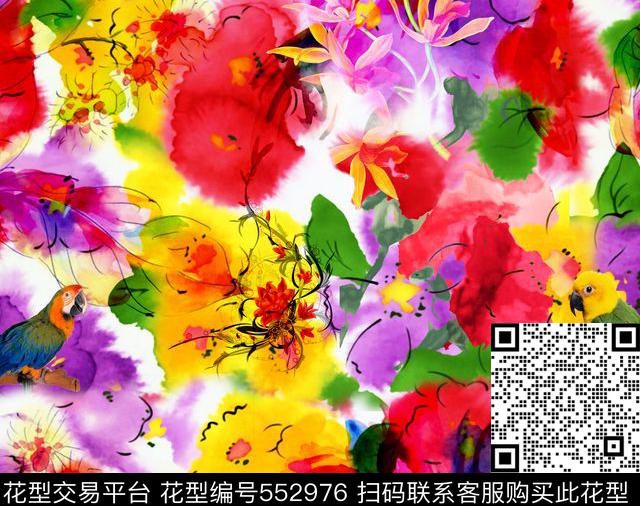 抽象花卉手绘数码印花华亿平台下载（图片编号: 552976） - 瓦栏（Walan）