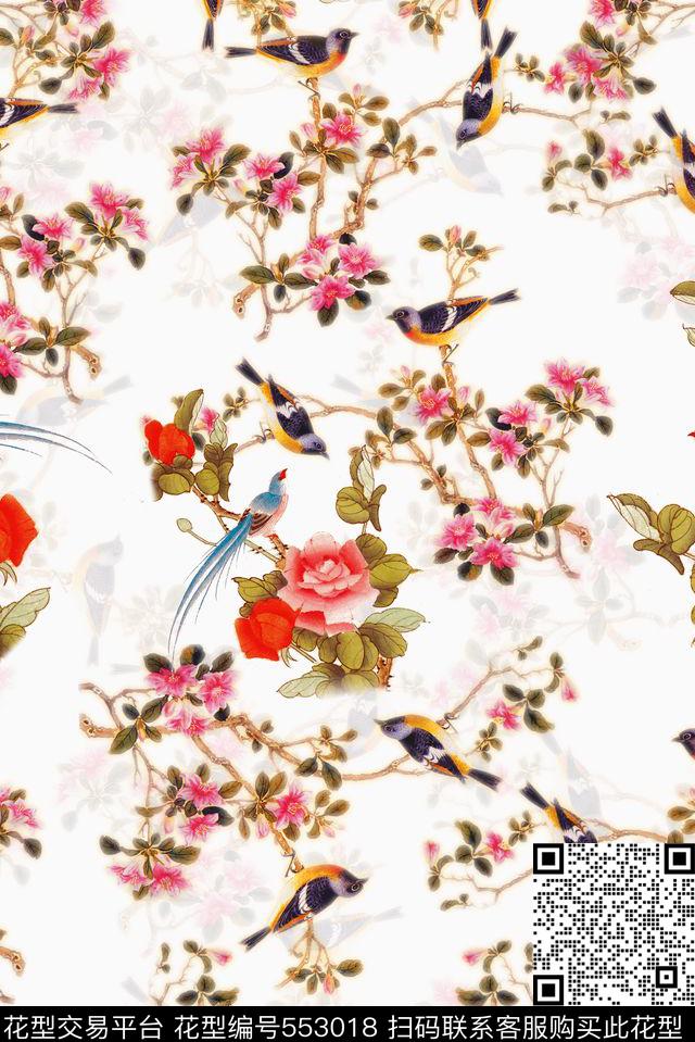 中国风工笔花鸟图朦胧喜鹊花卉国画花鸟服装女装旗袍中国风数码印花华亿平台下载（图片编号: 553018） - 瓦栏（Walan）