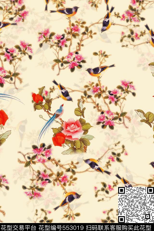中国风工笔花鸟图朦胧中国风工笔花鸟图朦胧喜鹊花卉国画花鸟服装女装旗袍中国风数码印花华亿平台下载（图片编号: 553019） - 瓦栏（Walan）