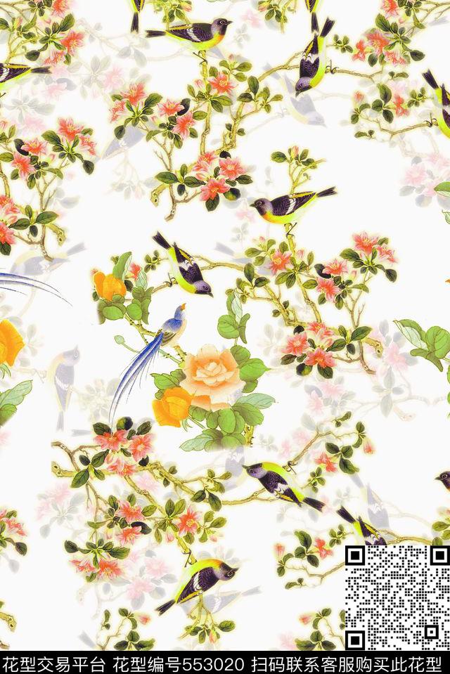 中国风工笔花鸟图朦胧中国风工笔花鸟图朦胧喜鹊花卉国画花鸟服装女装旗袍中国风数码印花华亿平台下载（图片编号: 553020） - 瓦栏（Walan）