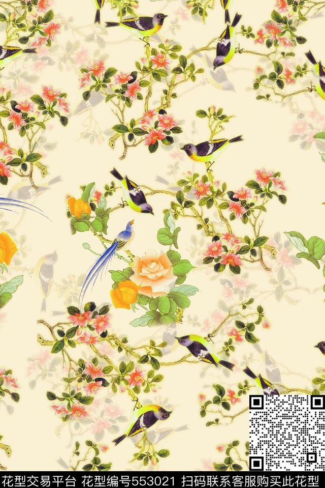 中国风工笔花鸟图朦胧中国风工笔花鸟图朦胧喜鹊花卉国画花鸟服装女装旗袍中国风数码印花华亿平台下载（图片编号: 553021） - 瓦栏（Walan）
